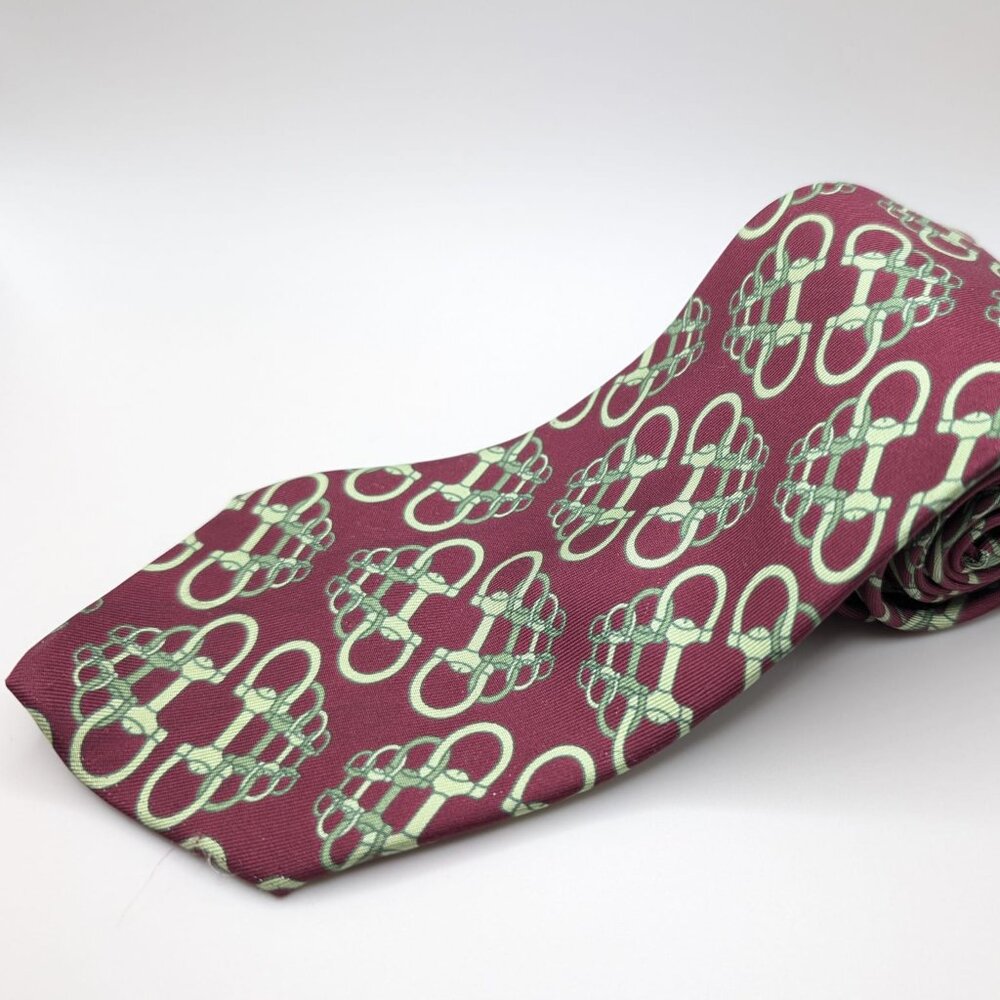 Gucci 100% Silk Made in Italy Luxury Tie Horsebit Maroon Red Pale Green